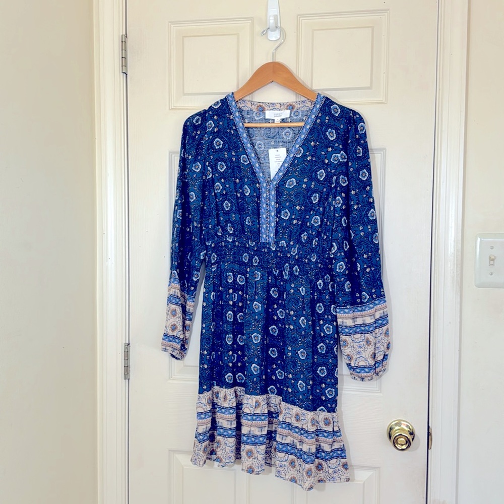 NWT Lucky Brand Blue Long Sleeves Summer Dress Size Medium